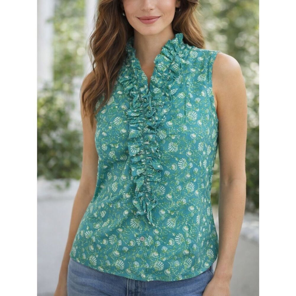 Tizzie Green Seashell Print Cotton Blend Sleeveless Ruffle Top Size M
